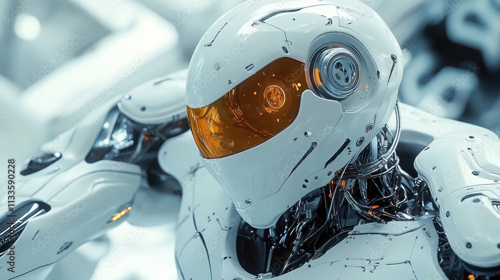 Futuristic white robot, orange visor, intricate design.