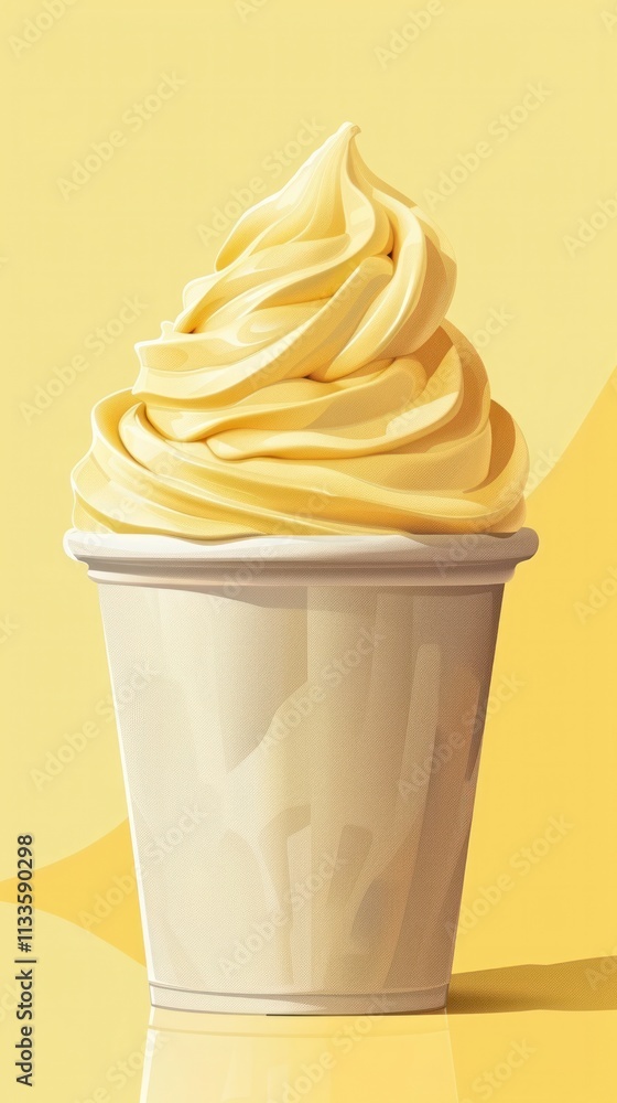 Closeup of a creamy and swirled soft serve ice cream cone in a beige and yellow studio background with minimal design The frozen sweet dessert treat is a refreshing and indulgent summertime snack Closeup of a creamy and swirled soft serve ice cream cone in a beige and yellow studio background with minimal design The frozen sweet dessert treat is a refreshing and indulgent summertime snack
