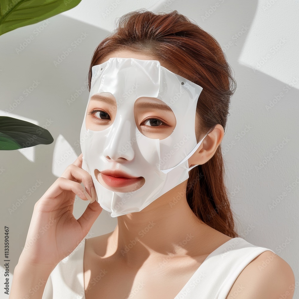 Woman Applying a Hydrating Sheet Face Mask for Skincare Routine Woman Applying a Hydrating Sheet Face Mask for Skincare Routine