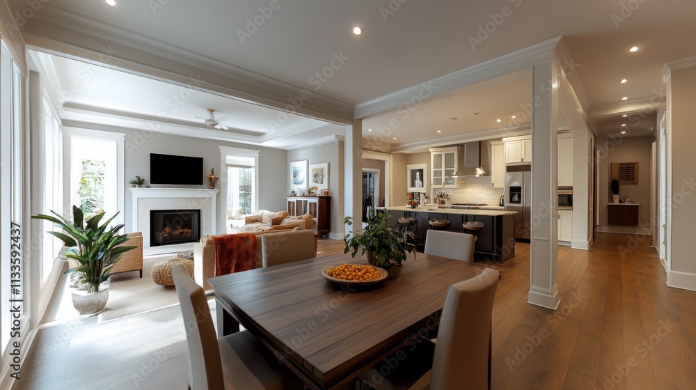 Fototapeta premium Open-plan living space with dining area, kitchen, and living room.