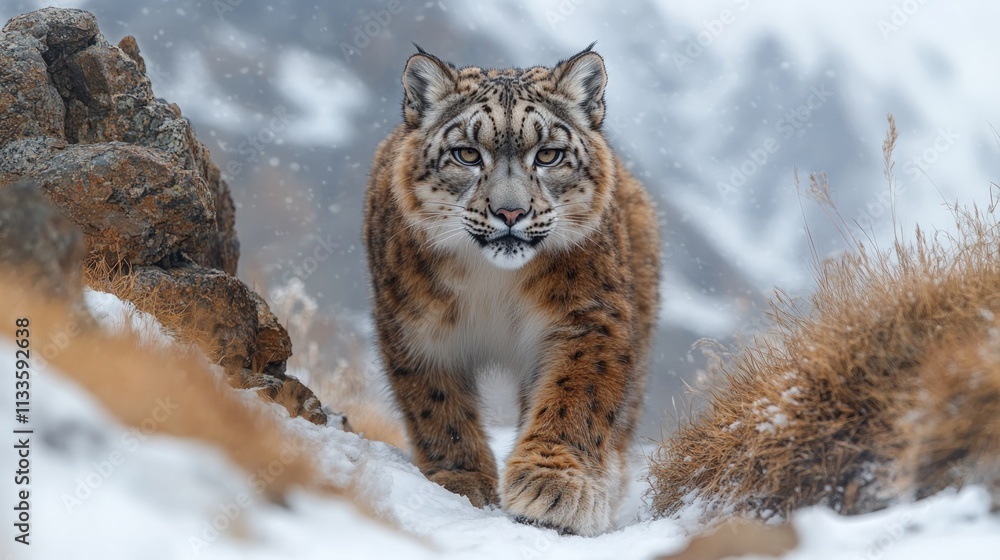 Obraz premium Snow leopard walking snowy mountain.