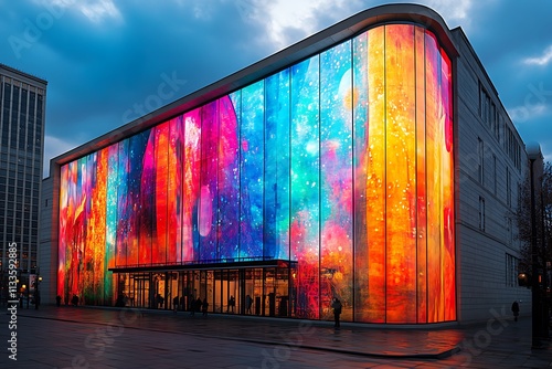 A vibrant, colorful LED display illuminates a modern building's glass facade in the twilight city, attracting passersby.