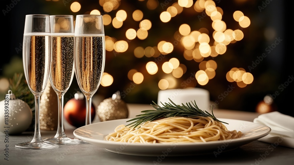 Festive dinner table setting with pasta, champagne glasses. Christmas tree lights in background. Elegant ambiance for holiday celebration. Festive dinner. Holiday celebration. Dinner setting. Festive dinner table setting with pasta, champagne glasses. Christmas tree lights in background. Elegant ambiance for holiday celebration. Festive dinner. Holiday celebration. Dinner setting.