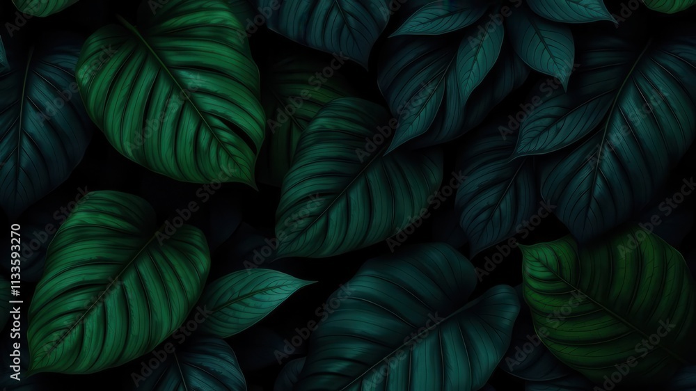 Dark pattern featuring exotic leaves in various shades of green and black, creating a mysterious and elegant atmosphere, mysterious, design, green Dark pattern featuring exotic leaves in various shades of green and black, creating a mysterious and elegant atmosphere, mysterious, design, green