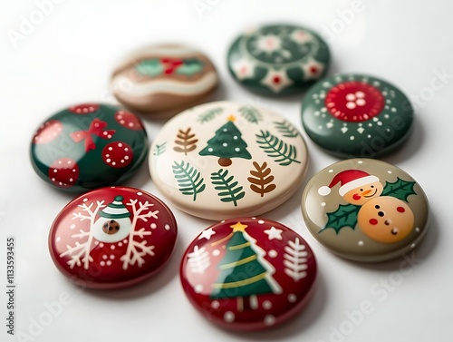 Festive Christmas buttons with winter designs arranged in a circle on white background.