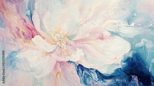 Complex marbled floral abstractions, dynamic movement, soft pastel palette, botanical details 