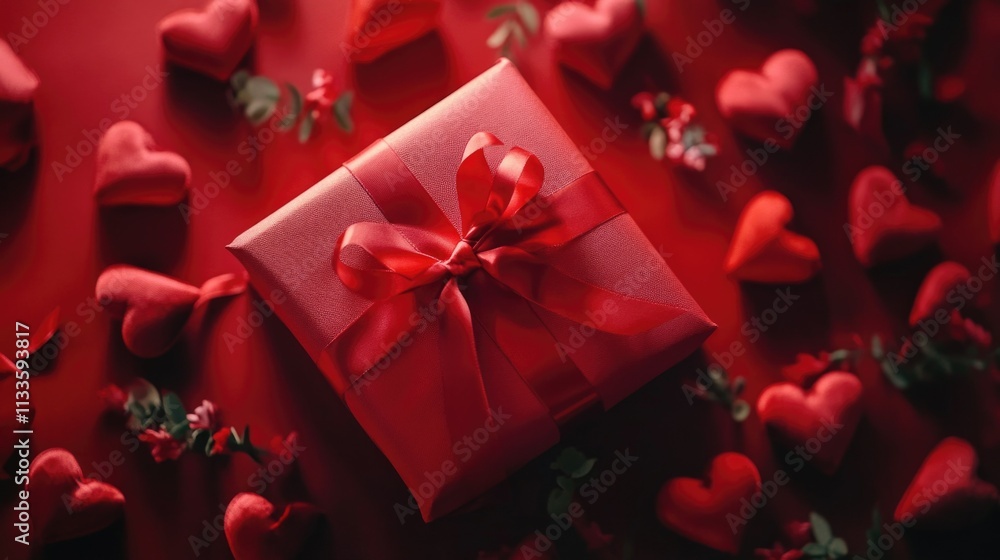 Romantic Gift in Red Ribbon Surrounded by Roses Romantic Gift in Red Ribbon Surrounded by Roses