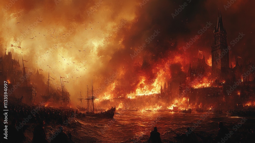 Fiery city engulfed in flames, ships ablaze. Fiery city engulfed in flames, ships ablaze.