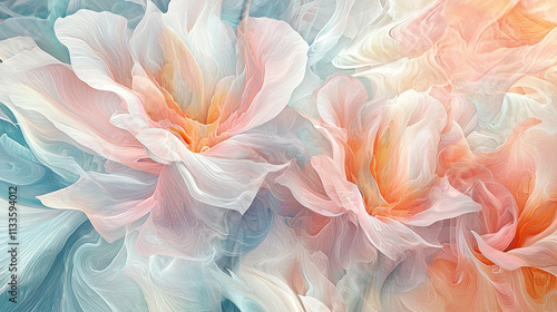 Delicate marbled floral abstraction, soft pastel florals with dynamic flowing forms, intricate petal details 