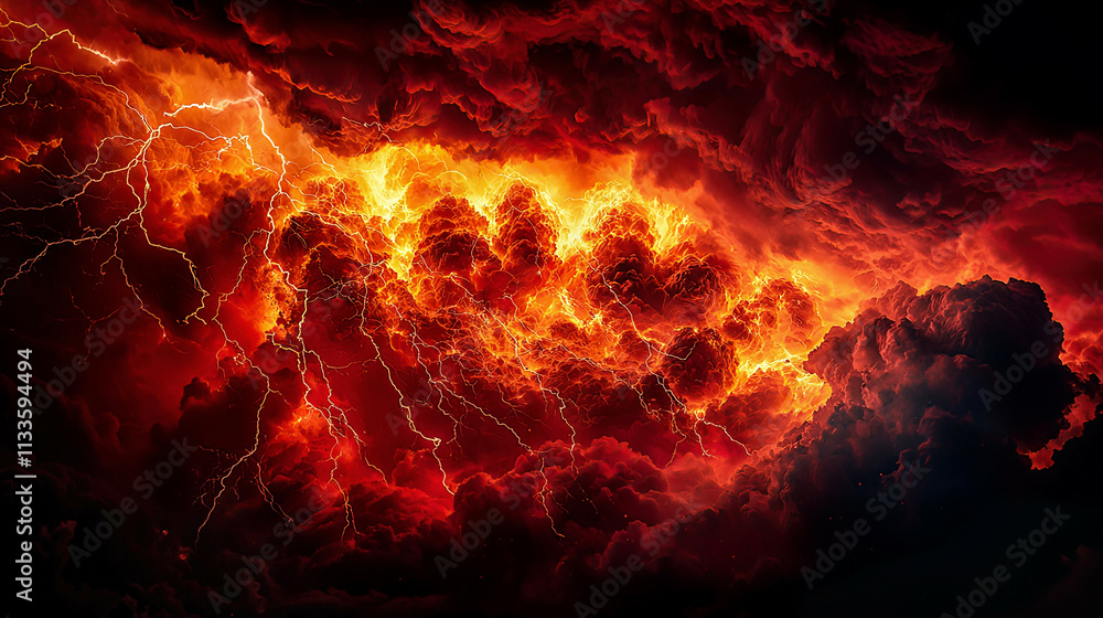 Fiery cosmic eruption, red and orange clouds colliding with dark stormy sky, jagged lightning bolts, high contrast, intricate details Fiery cosmic eruption, red and orange clouds colliding with dark stormy sky, jagged lightning bolts, high contrast, intricate details