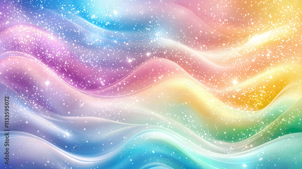Flowing rainbow waves with soft gradients, sprinkled with cosmic stars and speckles, glowing ethereal backdrop Flowing rainbow waves with soft gradients, sprinkled with cosmic stars and speckles, glowing ethereal backdrop