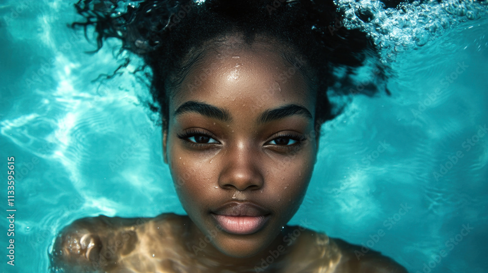 Beautiful black woman swimming under ocean Beautiful black woman swimming under ocean