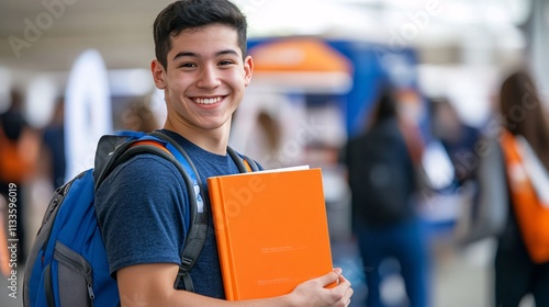 A high school graduate enthusiastically engages at a college fair, proudly holding a variety of university brochures