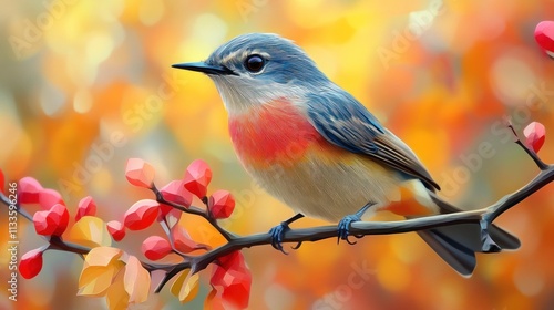 A colorful bird perched on a branch with vibrant autumn leaves in the background.