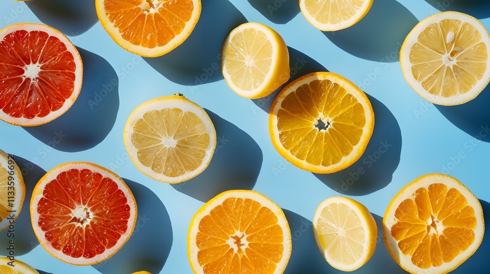 Citrus fruits on a blue background in a minimalist flat lay. Citrus fruits on a blue background in a minimalist flat lay.