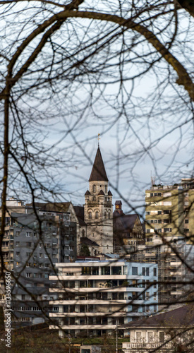 Church tower in the town of Schaffhausen, Switzerland, behind a thicket