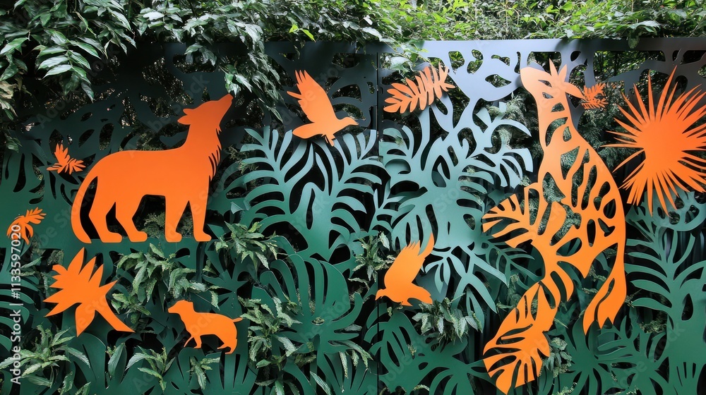 Obraz premium Orange animal silhouettes on green foliage metalwork.