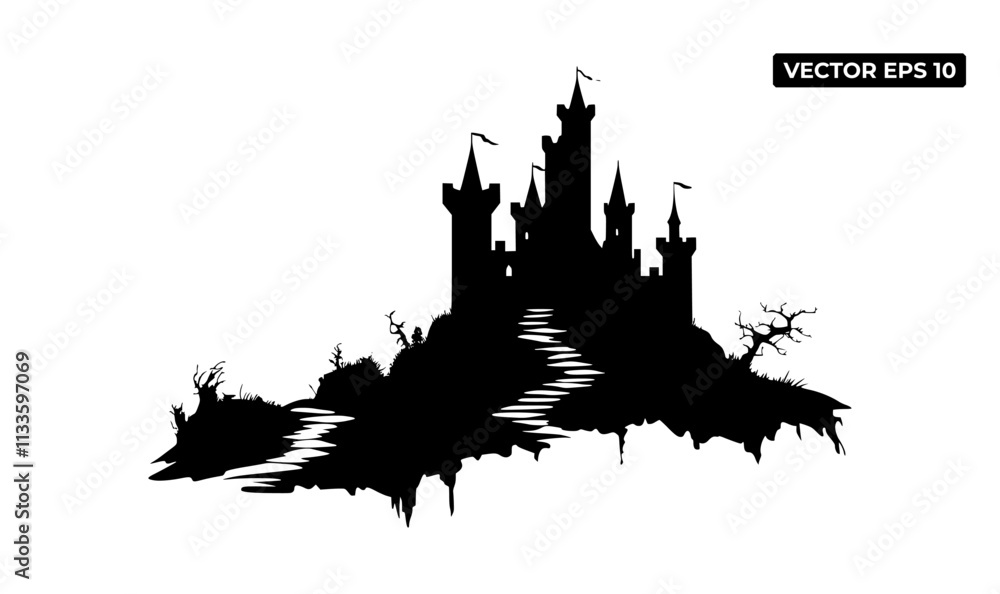 Fototapeta premium A silhouette of a castle on a hill, featuring towers, flags, and a winding path.
