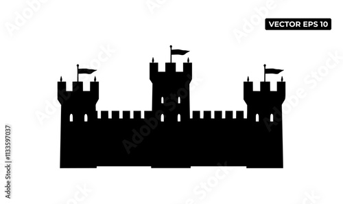 A silhouette of a castle with towers and flags, suitable for graphic design and illustration.