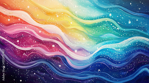 Rainbow-hued abstract waves, flowing smoothly across the canvas, white dot accents resembling snowfall, soft starry glow 