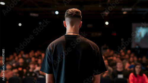 an ultrarealistic photo of a man in a black oversize Tshirt he stands with his back to the camera a public speaking audience in the background a mockup photo