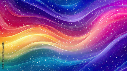 Smooth gradient rainbow waves, sprinkled with white dots resembling stars, soft flowing abstract pattern with cosmic accents 