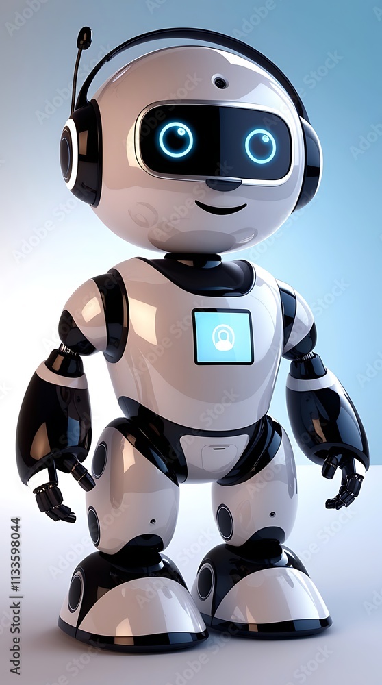 Minimalist AI call center robot with headset providing tech support on a light blue background (23) Minimalist AI call center robot with headset providing tech support on a light blue background (23)