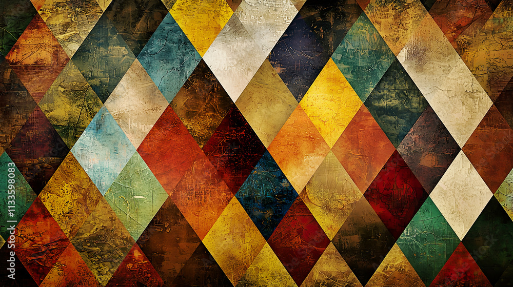 Stained glass-inspired triangles, retro color palette, faded textures, kaleidoscopic layout, warm earthy tones Stained glass-inspired triangles, retro color palette, faded textures, kaleidoscopic layout, warm earthy tones