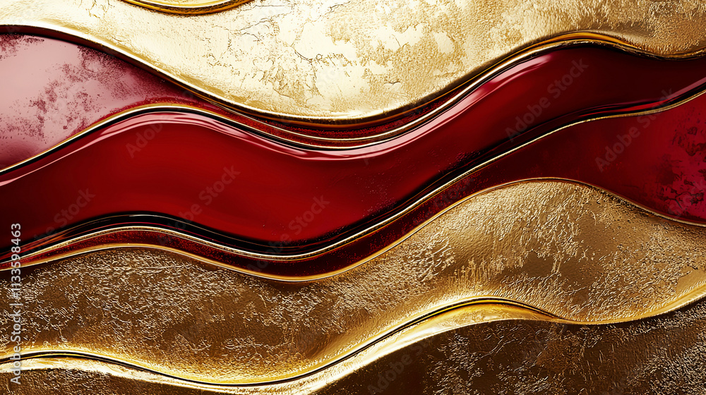 Textured flowing layers of gold and crimson, abstract wave pattern with glossy finish, metallic reflections Textured flowing layers of gold and crimson, abstract wave pattern with glossy finish, metallic reflections