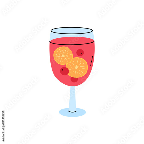Punch drink in glass with citrus slices and cranberry berries. Cute hand drawn vector illustration of festive red beverage in wineglass for Christmas, New Year, birthday