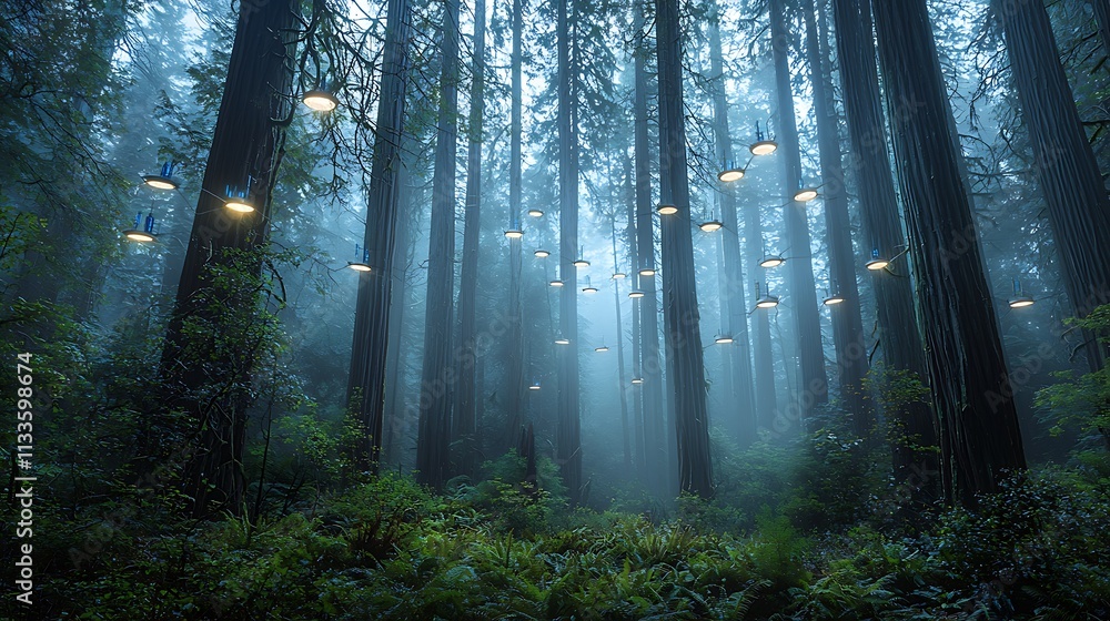 Obraz premium Enchanting foggy forest path illuminated by glowing lights hanging from tall trees.