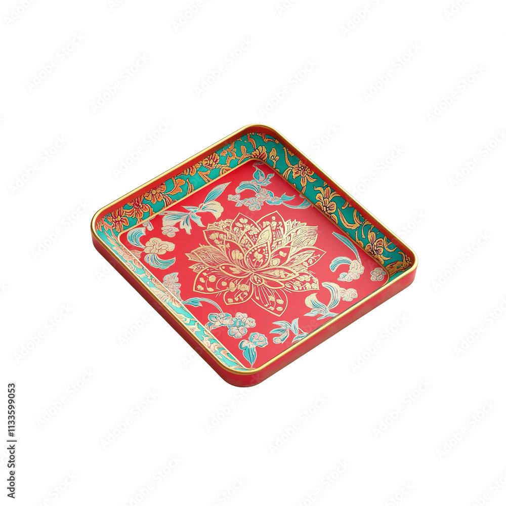 Square Decorative Tray with Lotus Flower Design and Gold Accents Square Decorative Tray with Lotus Flower Design and Gold Accents