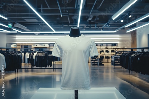 White T Shirt Displayed On Mannequin In Modern Store, Mockup photo