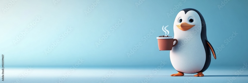 Obraz premium Animated Penguin Character, Holding Coffee Cup, Near Water Body, Under Clear Sky for Illustrations