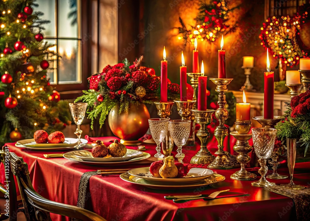 A luxurious, low-lit Christmas feast unfolds on a rich red table, elegantly decorated. A luxurious, low-lit Christmas feast unfolds on a rich red table, elegantly decorated.