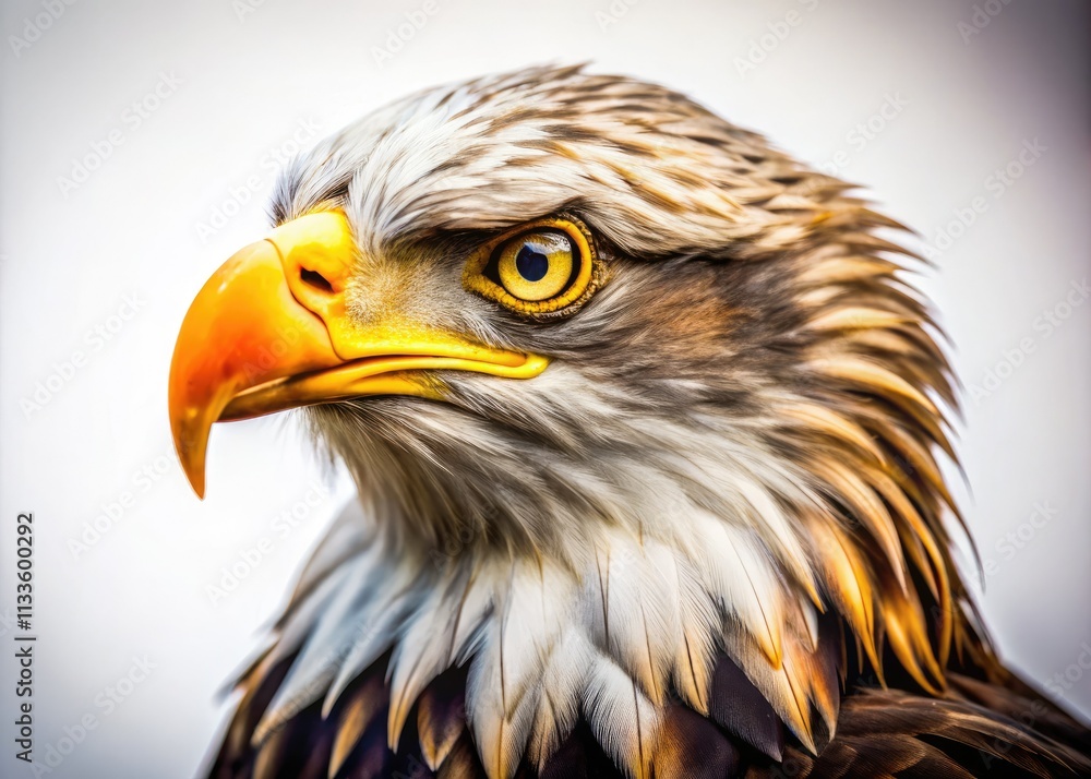Fototapeta premium A majestic eagle, captured in a tilt-shift close-up, stands out against a pristine white background.