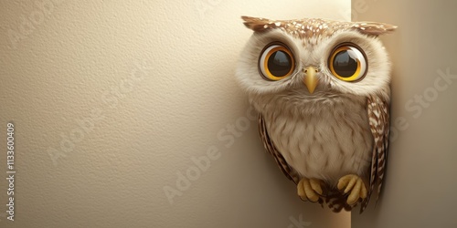 Owl Peeking, 3D Rendered Close-up in Hollowed Space for Surprise or Curiosity Themes photo