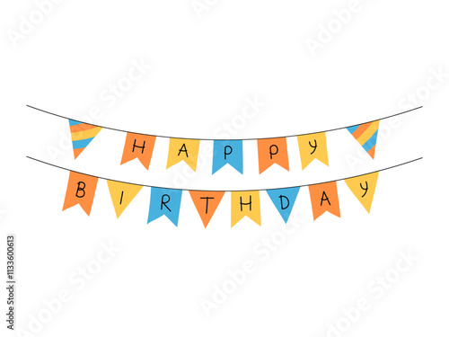 Happy birthday flags hanging banner. Bday party decoration. Vector hand drawn streamer with words. Festive birthday flag garland