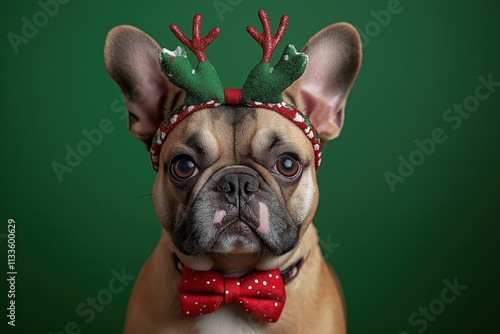 French bulldog dog wears Christmas reindeer antlers headband, bowtie. Dog looks directly at camera. Green background. Cute pet photo. Holiday festive pet. Perfect for Christmas cards. Great for photo