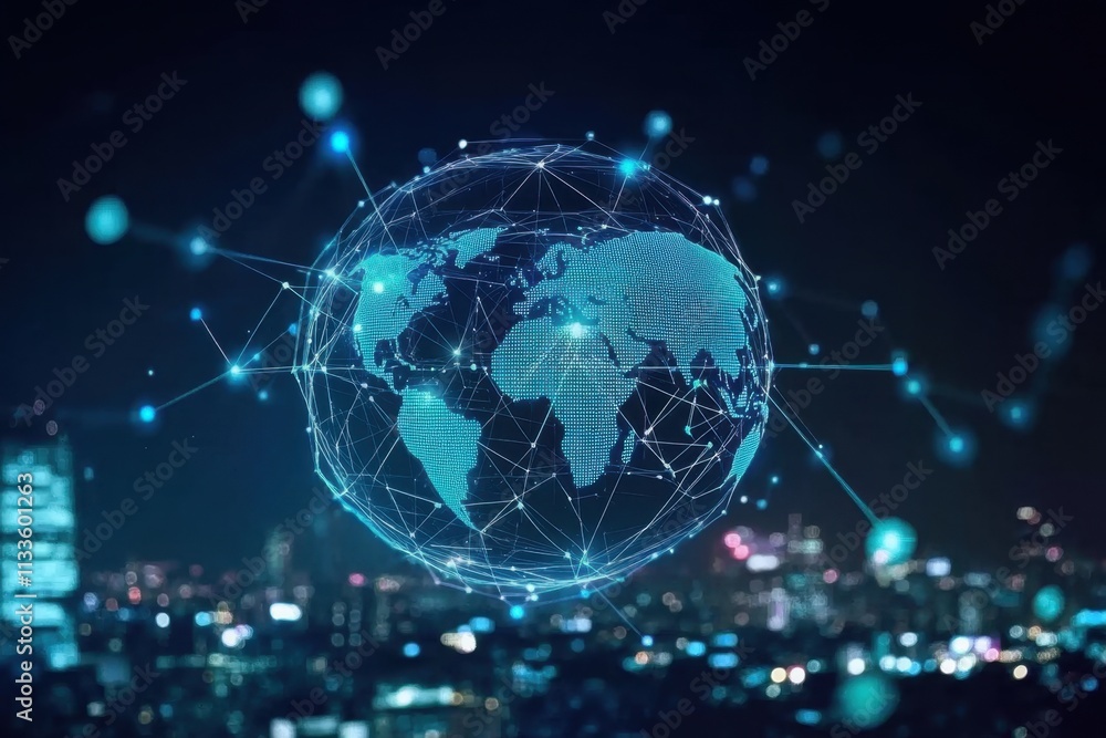 The interplay of technology and urban landscapes highlighted by a digital globe. The interplay of technology and urban landscapes highlighted by a digital globe.