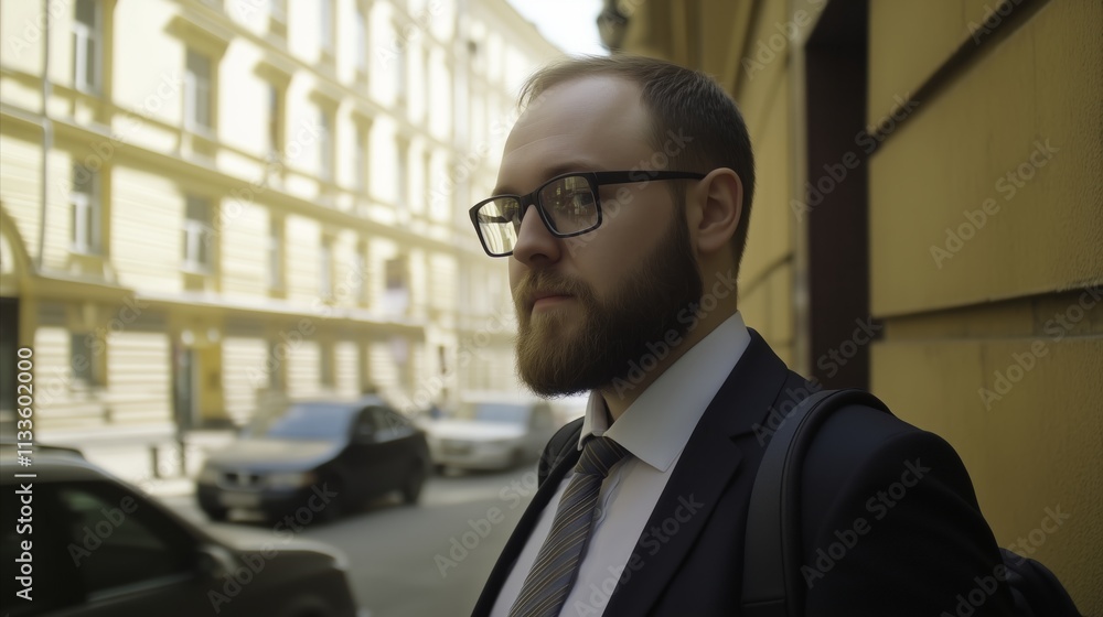 Man wearing glasses and a suit is standing on a street Man wearing glasses and a suit is standing on a street