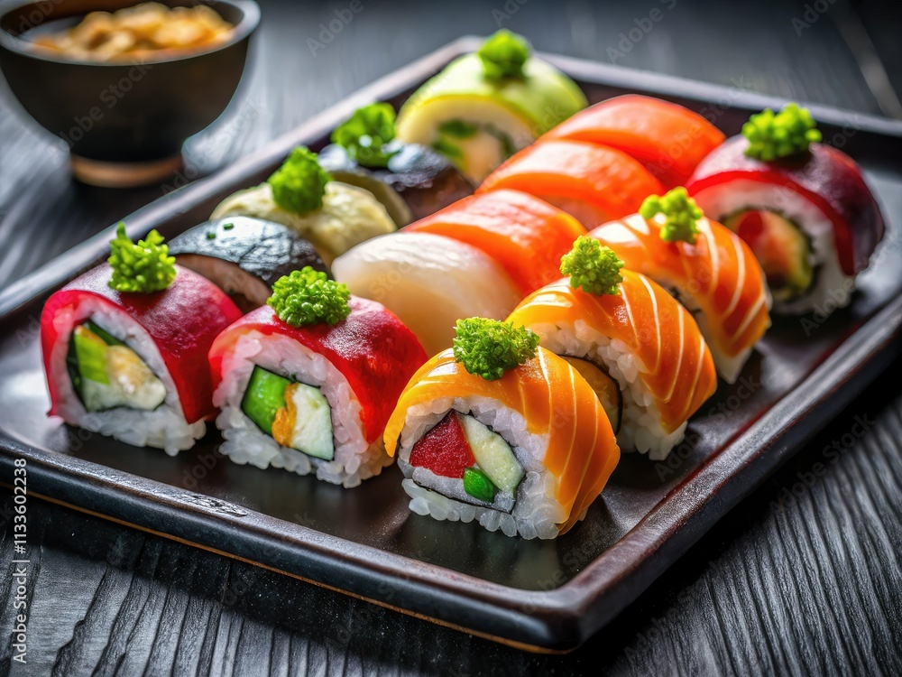 An elegant black plate showcases a delectable sushi platter, embodying refined Japanese cuisine. An elegant black plate showcases a delectable sushi platter, embodying refined Japanese cuisine.