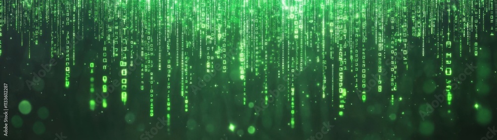 Mesmerizing digital rain of green code on a dark canvas. Mesmerizing digital rain of green code on a dark canvas.