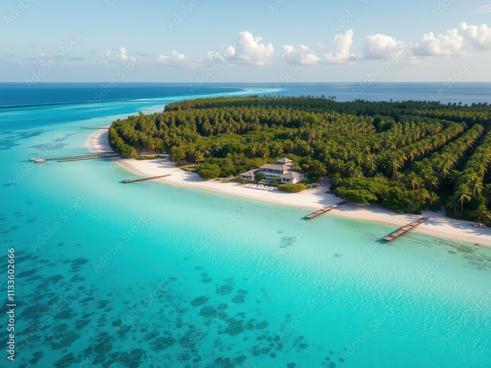 Obraz premium A stunning aerial view of a lush tropical beachfront property with crystal clear turquoise waters, perfect for investment opportunities, financial, tropical