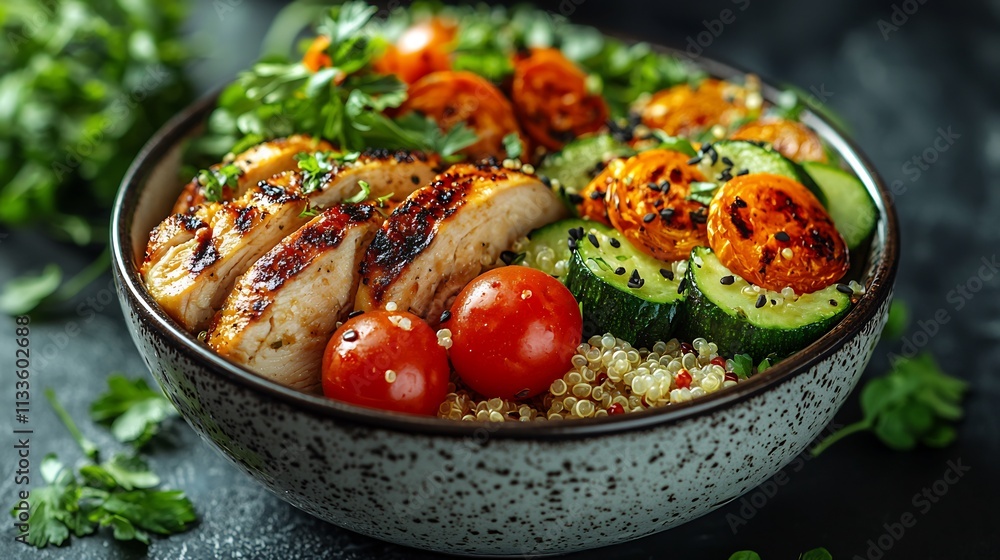 Dash diet dinner a portion of grilled chicken roasted veggies and quinoa arranged on a minimalist white plate with soft lighting Dash diet dinner a portion of grilled chicken roasted veggies and quinoa arranged on a minimalist white plate with soft lighting