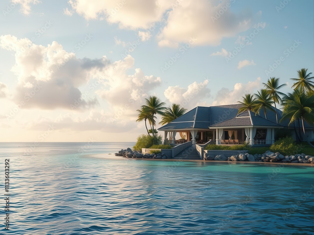Fototapeta premium A stunning ocean front property situated on a lush tropical island, picturesque, exclusive