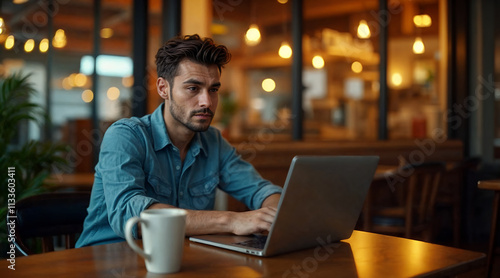 Focused freelance work in a warm café setting, late-night productivity vibes