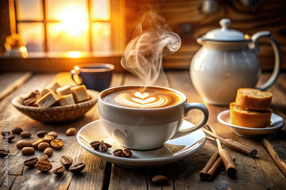 A panoramic latte art masterpiece, milk froth swirling, sugar awaiting, cozy morning stillness captured. A panoramic latte art masterpiece, milk froth swirling, sugar awaiting, cozy morning stillness captured.