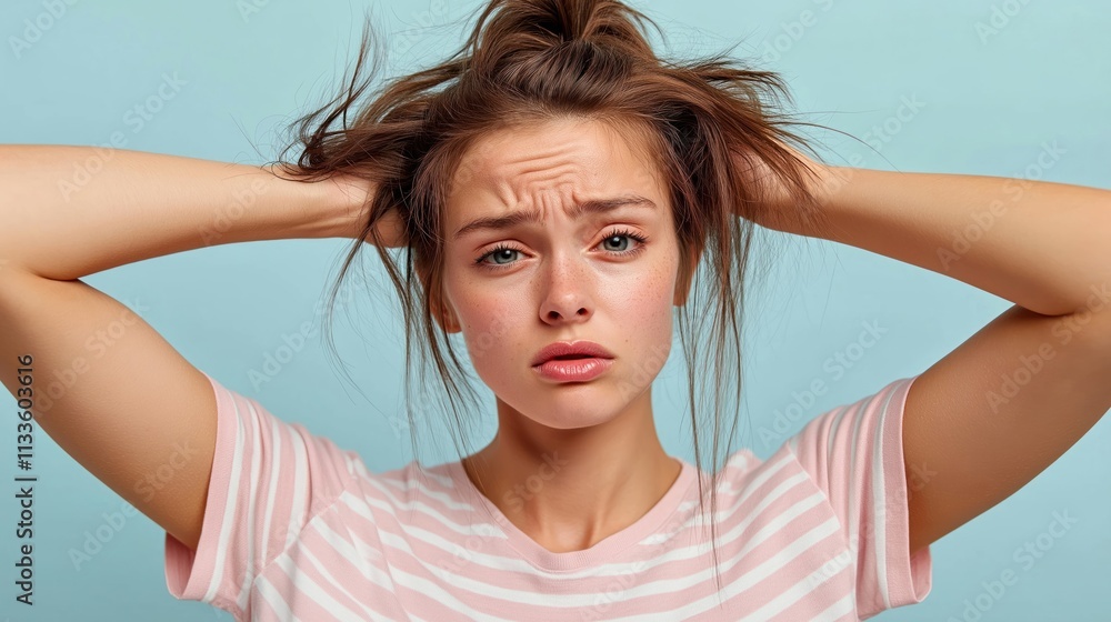 Woman struggles with bad hair day. Looks upset, unhappy. Appearance causes emotional distress. Photo shows impact of daily appearance on mood. Daily life issues make people feel bad about. Woman struggles with bad hair day. Looks upset, unhappy. Appearance causes emotional distress. Photo shows impact of daily appearance on mood. Daily life issues make people feel bad about.