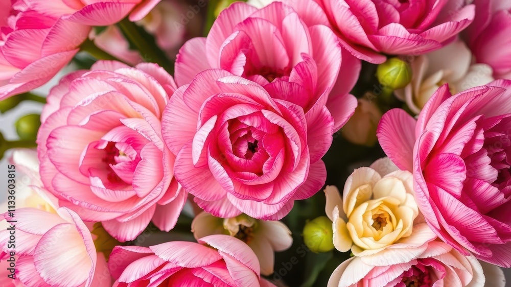 Close-up of beautiful pink and white ranunculus flowers blooming, ranunculus, petals, delicate Close-up of beautiful pink and white ranunculus flowers blooming, ranunculus, petals, delicate